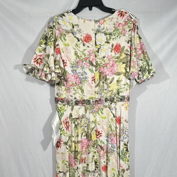NWT MAC DUGGAL FLORAL PRINT FAUX WRAP FLUTTER SLEEVE A-LINE GOWN  9079 - Picture 6 of 9